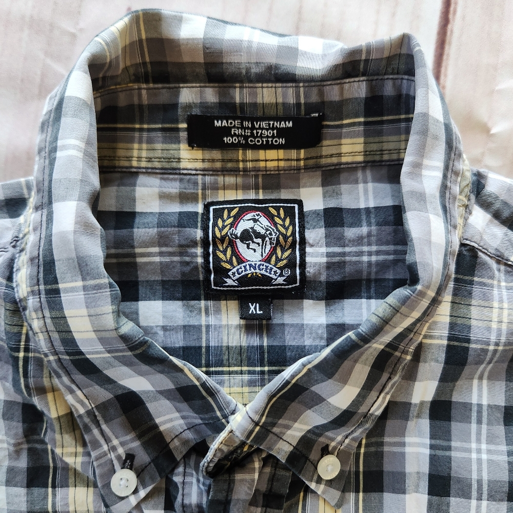 Cinch Western Plaid Long Sleeve Shirt Grey Black Yellow White | Men's Size XL - Picture 4 of 6